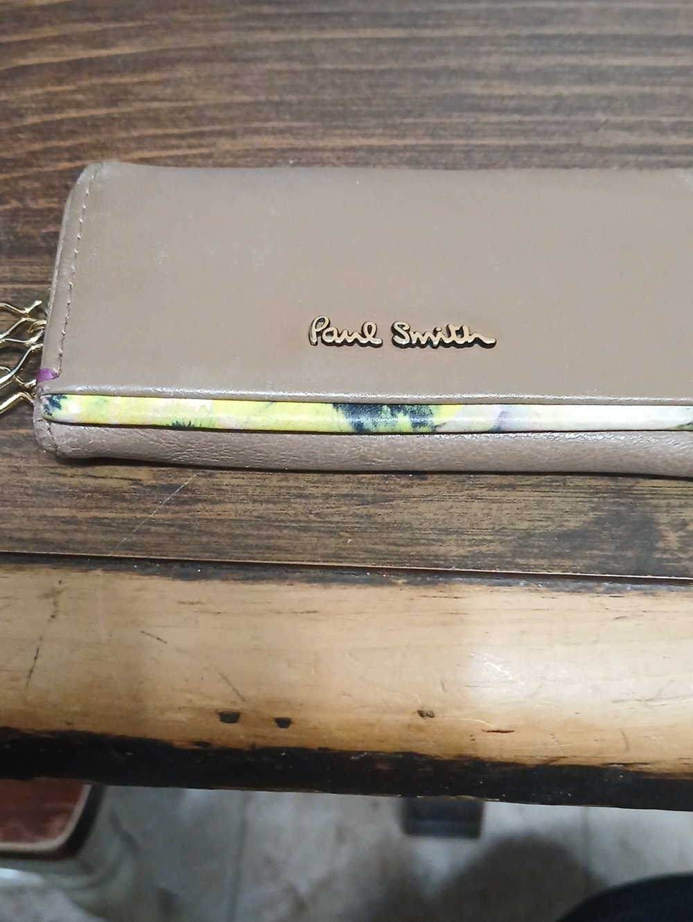 Paul Smith Beige Leather Zip Wallet with Floral Trim